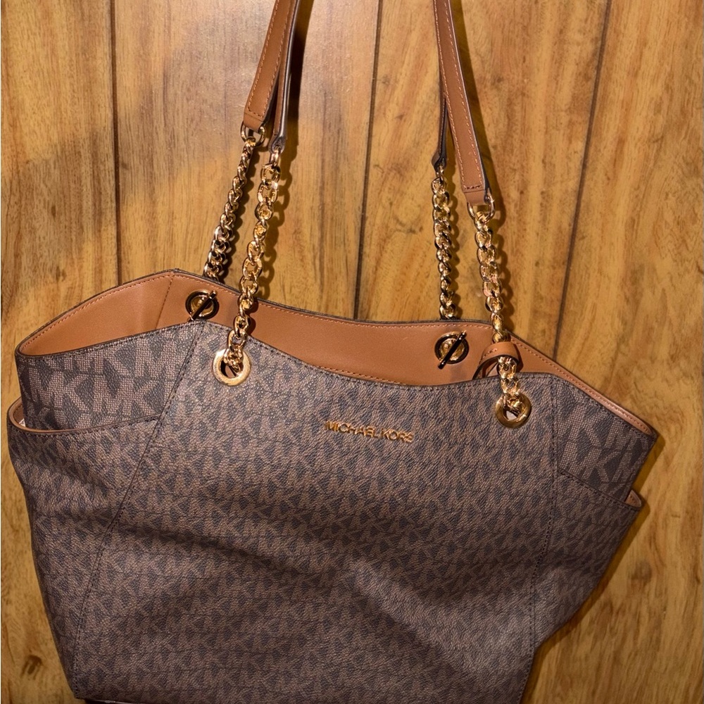 Michael Kors Brown Signature Tote with Tan Trim and Gold Chain Handles